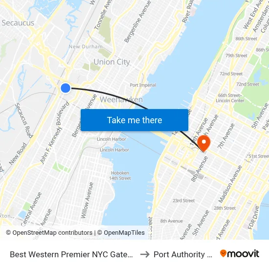 Best Western Premier NYC Gateway Hotel North Bergen to Port Authority Bus Terminal map