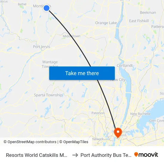 Resorts World Catskills Monticello to Port Authority Bus Terminal map