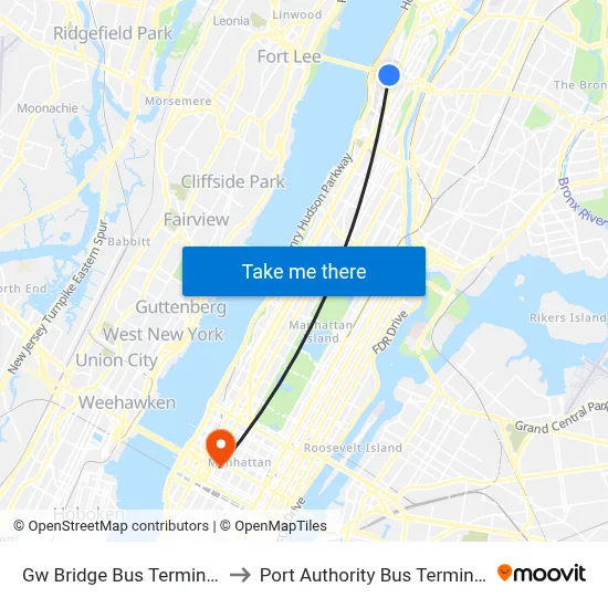 Gw Bridge Bus Terminal to Port Authority Bus Terminal map