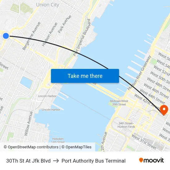 30Th St At Jfk Blvd to Port Authority Bus Terminal map