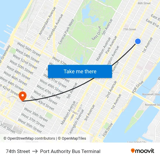 74th Street to Port Authority Bus Terminal map