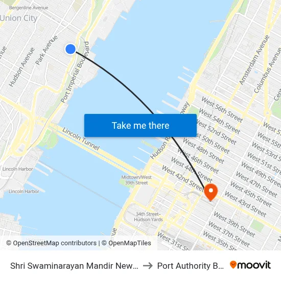 Shri Swaminarayan Mandir New Jersey Weehawken to Port Authority Bus Terminal map