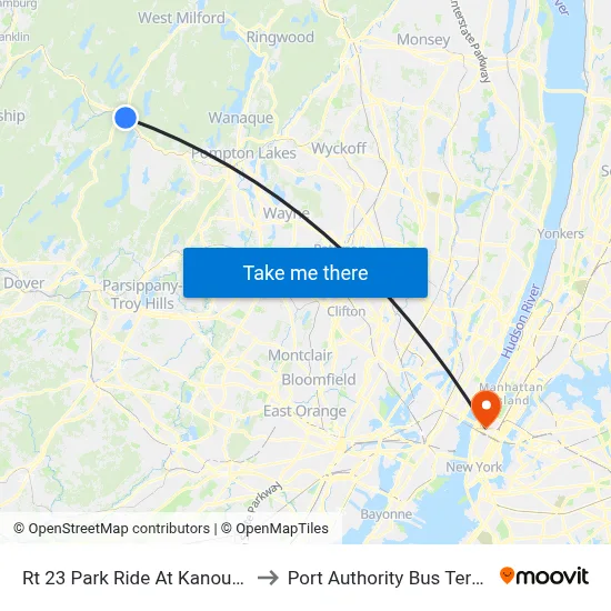 Rt 23 Park Ride At Kanouse Rd to Port Authority Bus Terminal map