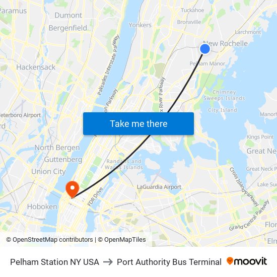 Pelham Station NY USA to Port Authority Bus Terminal map