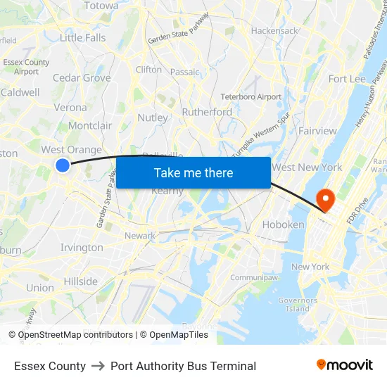Essex County to Port Authority Bus Terminal map