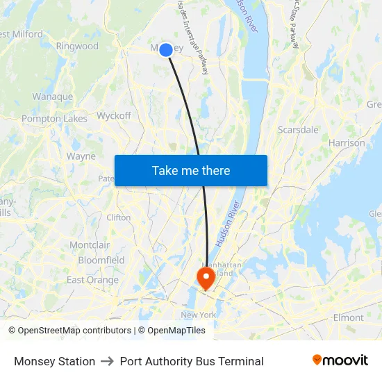 Monsey Station to Port Authority Bus Terminal map