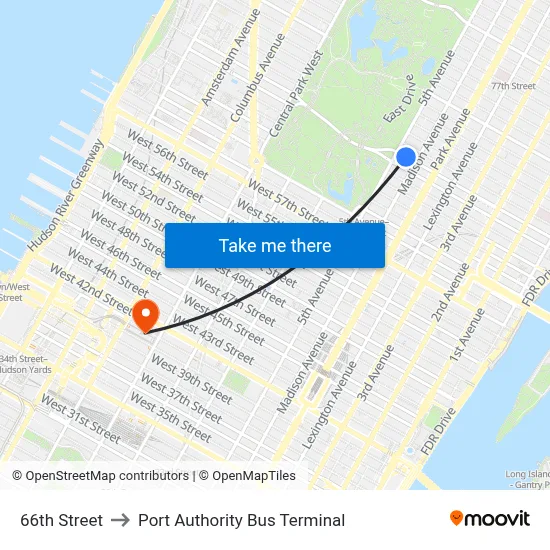 66th Street to Port Authority Bus Terminal map