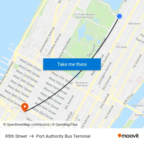 85th Street to Port Authority Bus Terminal map