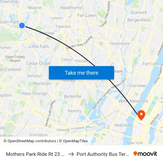 Mothers Park Ride Rt 23 North to Port Authority Bus Terminal map