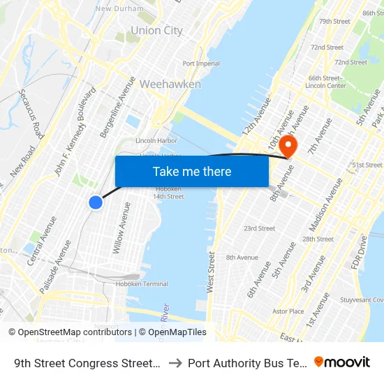 9th Street Congress Street Station to Port Authority Bus Terminal map
