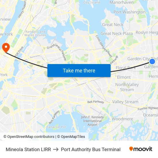 Mineola Station LIRR to Port Authority Bus Terminal map