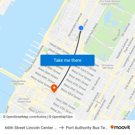66th Street Lincoln Center Station to Port Authority Bus Terminal map