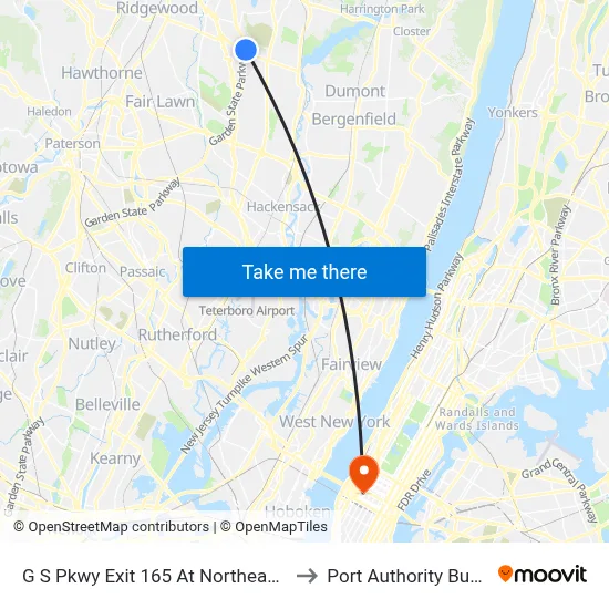 G S Pkwy Exit 165 At Northeast Park Ride Lot to Port Authority Bus Terminal map