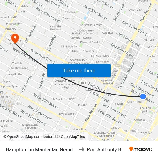 Hampton Inn Manhattan Grand Central New York to Port Authority Bus Terminal map