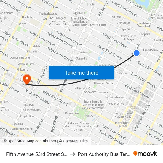 Fifth Avenue 53rd Street Station to Port Authority Bus Terminal map