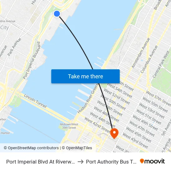 Port Imperial Blvd At Riverwalk Place to Port Authority Bus Terminal map