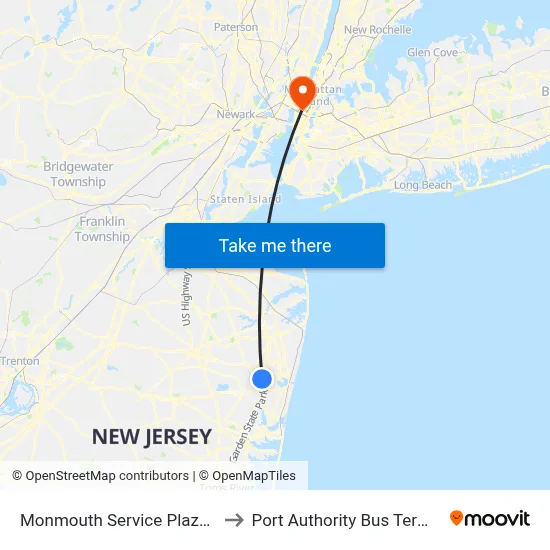 Monmouth Service Plaza NJ to Port Authority Bus Terminal map