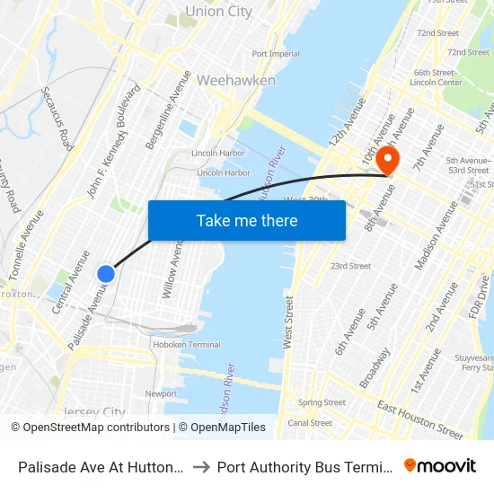 Palisade Ave At Hutton St to Port Authority Bus Terminal map