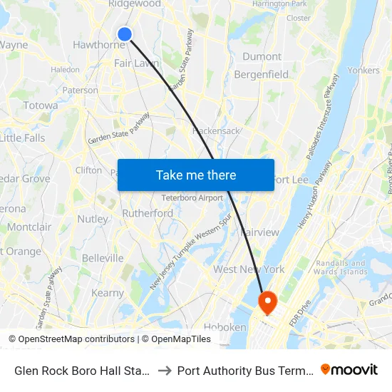 Glen Rock Boro Hall Station to Port Authority Bus Terminal map
