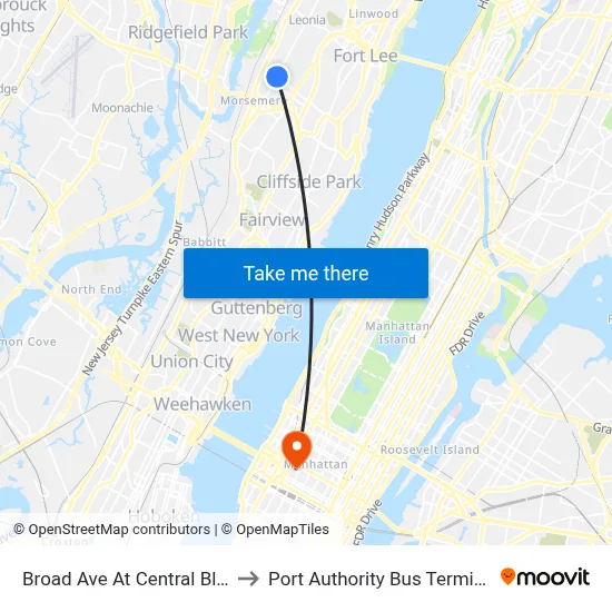 Broad Ave At Central Blvd to Port Authority Bus Terminal map