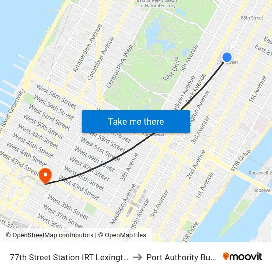 77th Street Station IRT Lexington Avenue Line to Port Authority Bus Terminal map