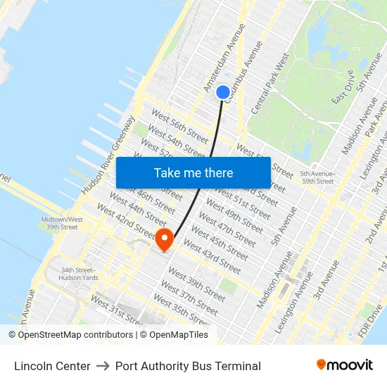 Lincoln Center to Port Authority Bus Terminal map