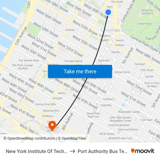 New York Institute Of Technology to Port Authority Bus Terminal map