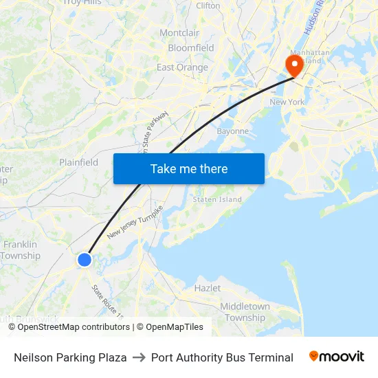 Neilson Parking Plaza to Port Authority Bus Terminal map