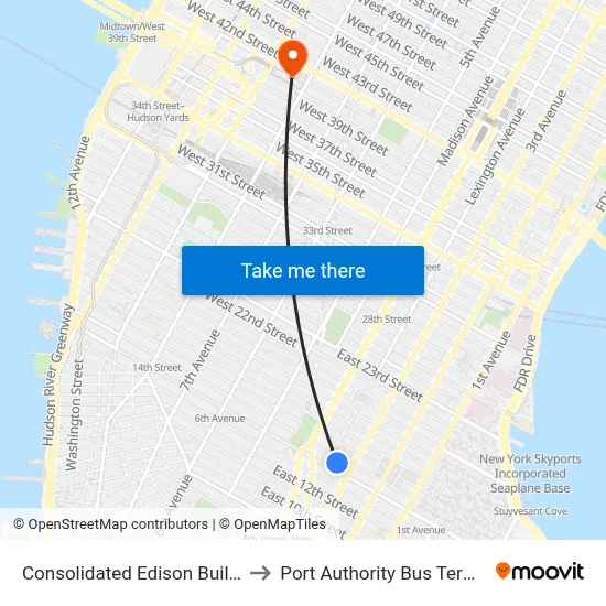 Consolidated Edison Building to Port Authority Bus Terminal map