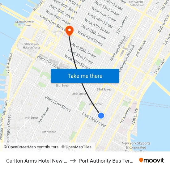Carlton Arms Hotel New York to Port Authority Bus Terminal map