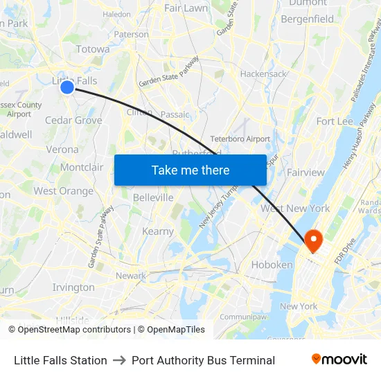 Little Falls Station to Port Authority Bus Terminal map