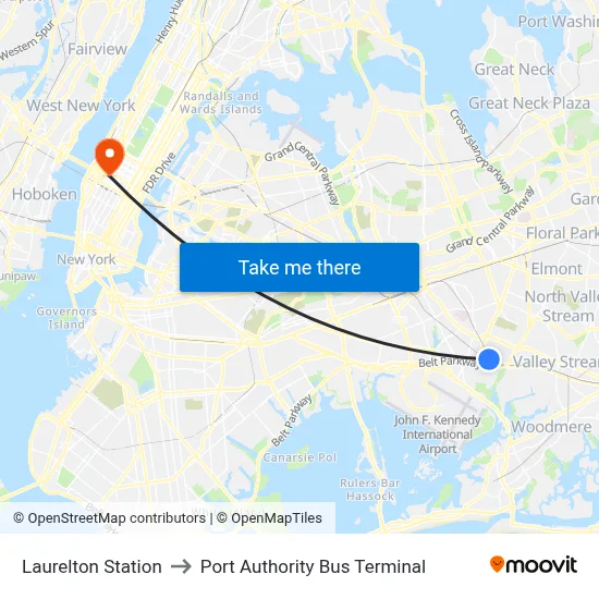 Laurelton Station to Port Authority Bus Terminal map