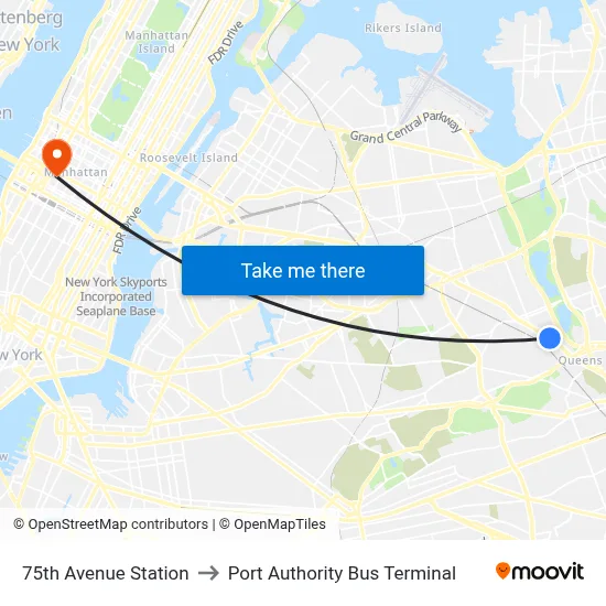 75th Avenue Station to Port Authority Bus Terminal map