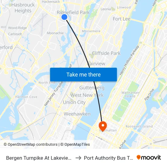Bergen Turnpike At Lakeview Avenue to Port Authority Bus Terminal map