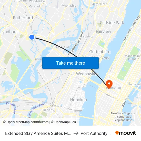 Extended Stay America Suites Meadowlands Rutherford to Port Authority Bus Terminal map