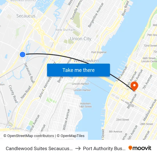 Candlewood Suites Secaucus an IHG Hotel to Port Authority Bus Terminal map
