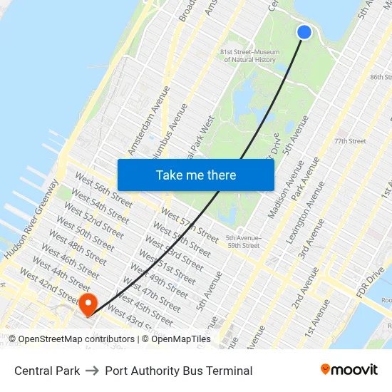 Central Park to Port Authority Bus Terminal map