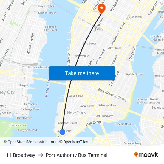 11 Broadway to Port Authority Bus Terminal map