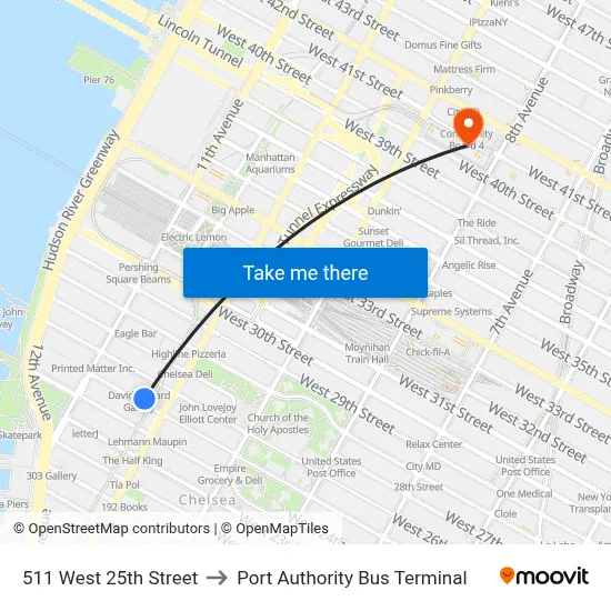 511 West 25th Street to Port Authority Bus Terminal map