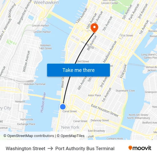Washington Street to Port Authority Bus Terminal map