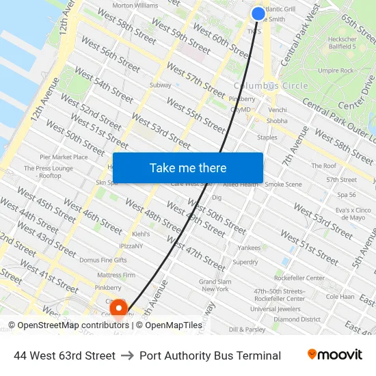 44 West 63rd Street to Port Authority Bus Terminal map
