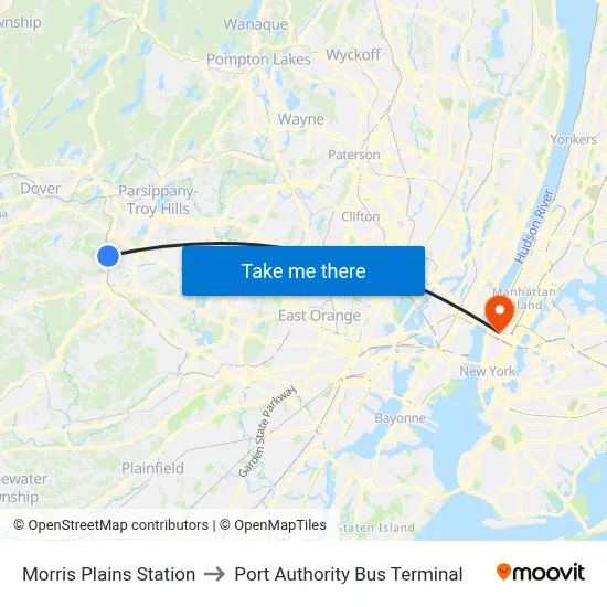 Morris Plains Station to Port Authority Bus Terminal map