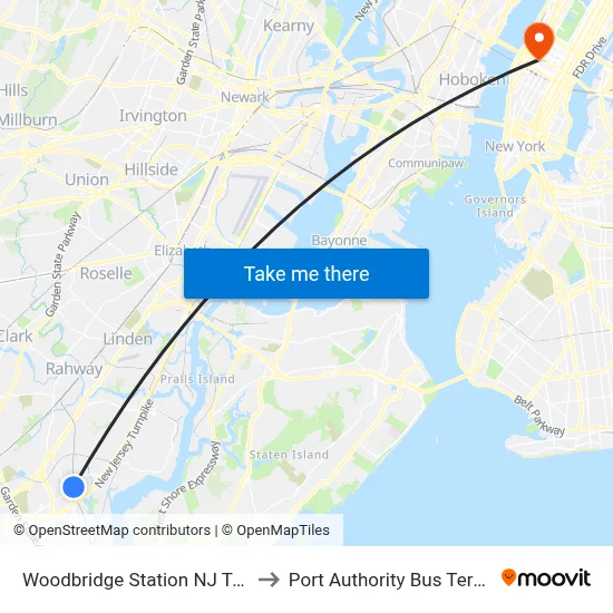 Woodbridge Station NJ Transit to Port Authority Bus Terminal map