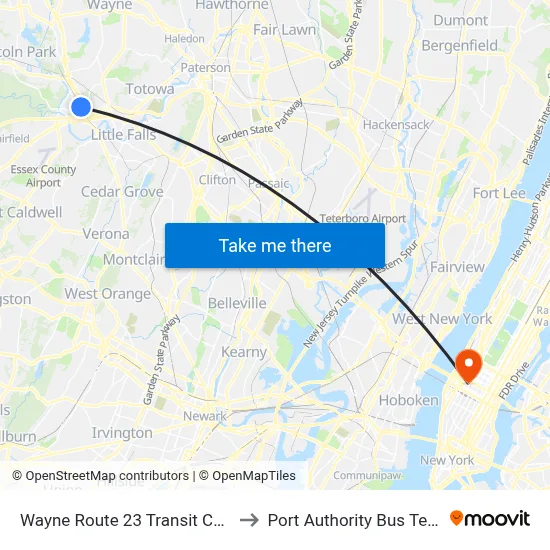 Wayne Route 23 Transit Center Rr to Port Authority Bus Terminal map