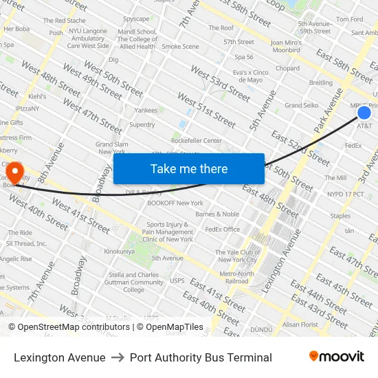 Lexington Avenue to Port Authority Bus Terminal map