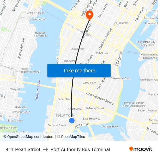 411 Pearl Street to Port Authority Bus Terminal map
