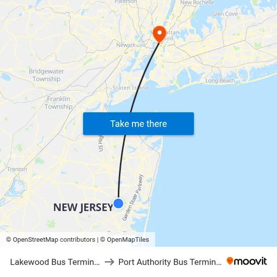 Lakewood Bus Terminal to Port Authority Bus Terminal map