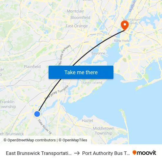 East Brunswick Transportation Center to Port Authority Bus Terminal map