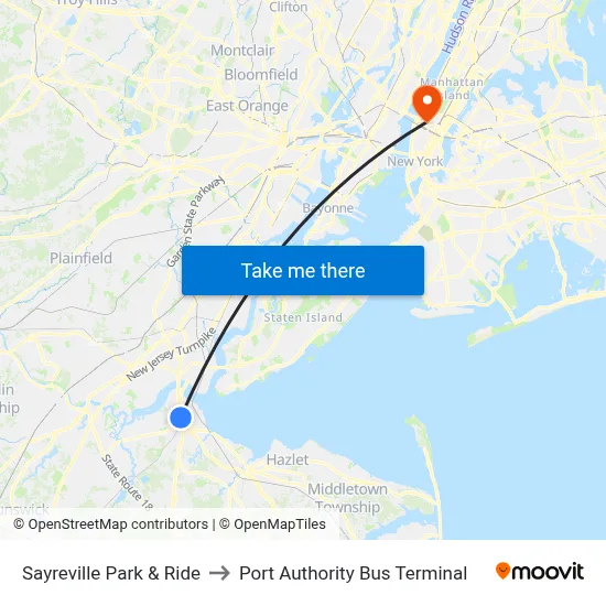 Sayreville Park & Ride to Port Authority Bus Terminal map