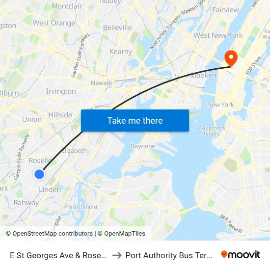 E St Georges Ave & Roselle St to Port Authority Bus Terminal map
